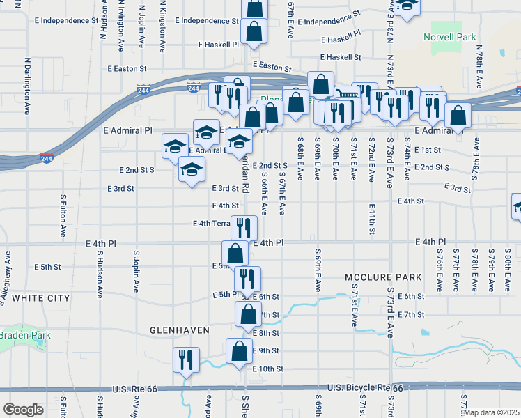 map of restaurants, bars, coffee shops, grocery stores, and more near 406 South 66th East Avenue in Tulsa