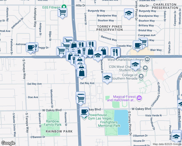 map of restaurants, bars, coffee shops, grocery stores, and more near 6750 Del Rey Avenue in Las Vegas