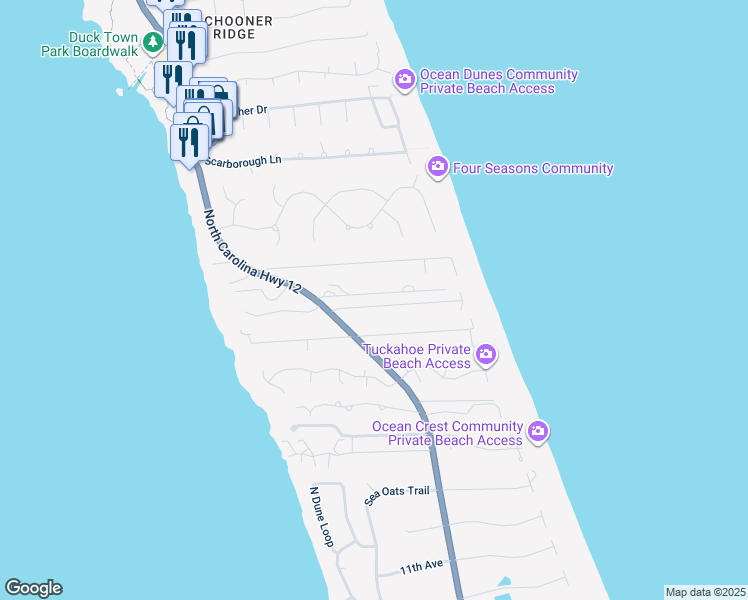 map of restaurants, bars, coffee shops, grocery stores, and more near 114 Seabreeze Dr in Duck
