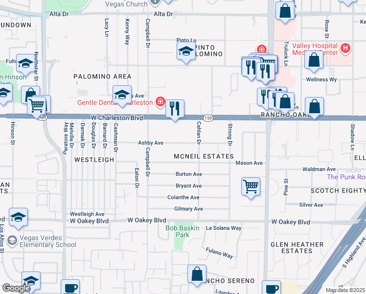 map of restaurants, bars, coffee shops, grocery stores, and more near 2901 Ashby Avenue in Las Vegas