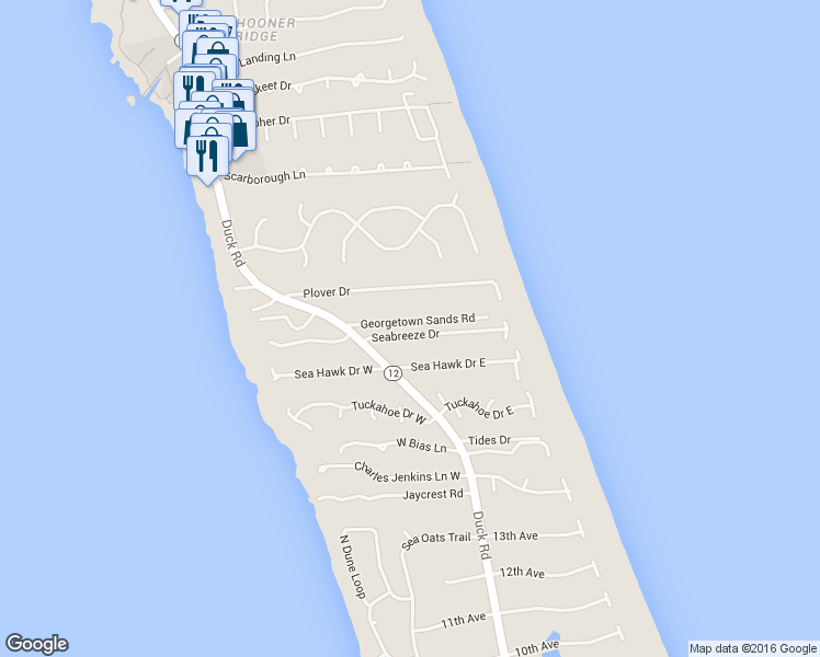 map of restaurants, bars, coffee shops, grocery stores, and more near 114 Seabreeze Dr in Duck