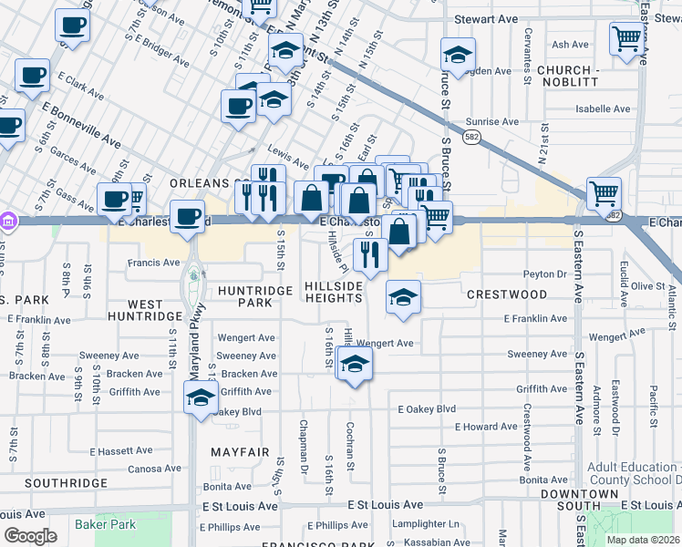 map of restaurants, bars, coffee shops, grocery stores, and more near 1140 Hillside Place in Las Vegas