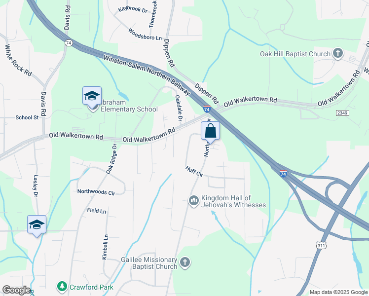 map of restaurants, bars, coffee shops, grocery stores, and more near 136 Huff Circle in Winston-Salem