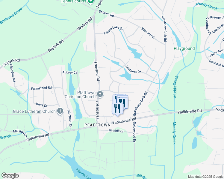 map of restaurants, bars, coffee shops, grocery stores, and more near 4631 Peter Pfaff Drive in Pfafftown