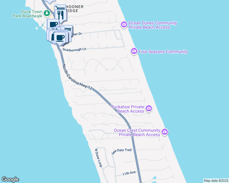 map of restaurants, bars, coffee shops, grocery stores, and more near 114 Seabreeze Drive in Kitty Hawk