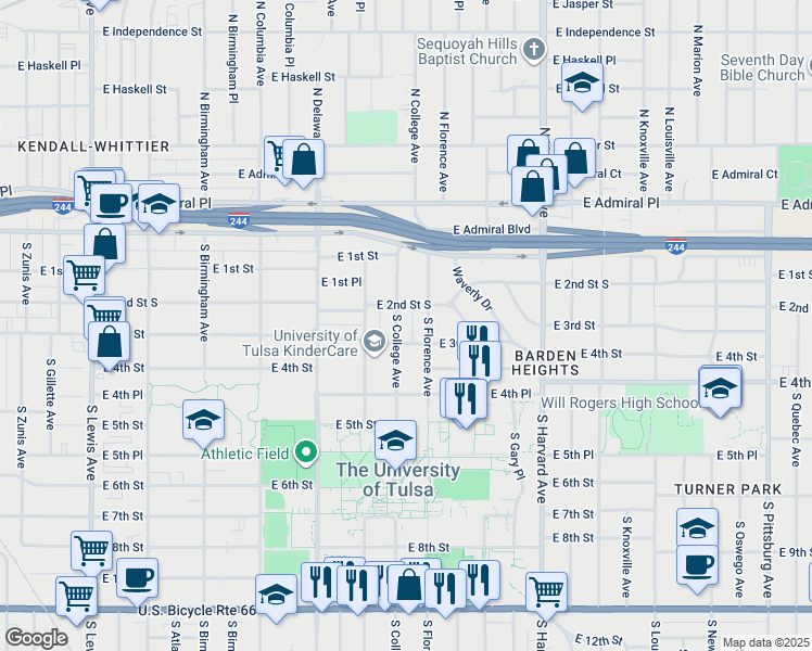 map of restaurants, bars, coffee shops, grocery stores, and more near 201 South College Avenue in Tulsa