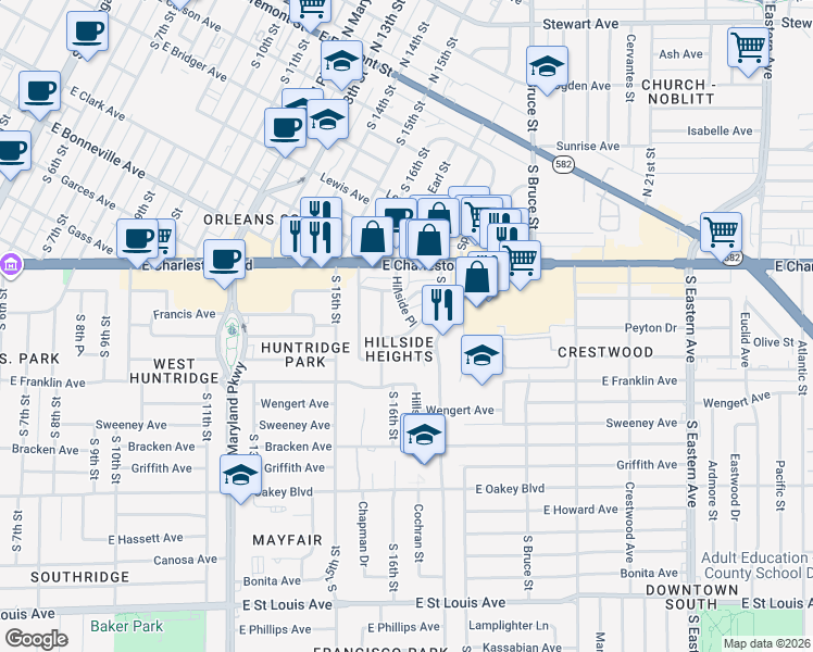 map of restaurants, bars, coffee shops, grocery stores, and more near 1140 Hillside Place in Las Vegas