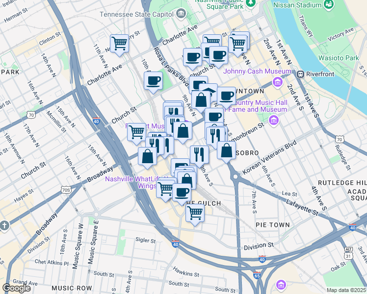 map of restaurants, bars, coffee shops, grocery stores, and more near 111 10th Avenue South in Nashville