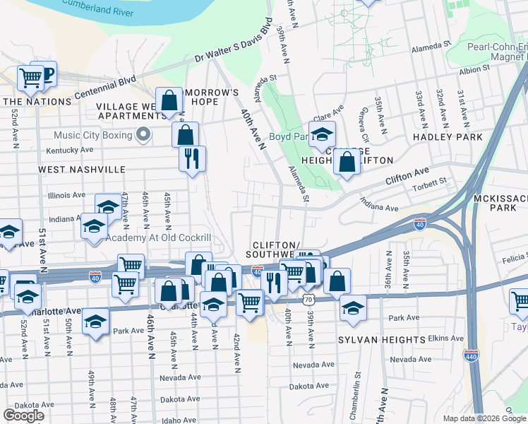 map of restaurants, bars, coffee shops, grocery stores, and more near 4011 Indiana Avenue in Nashville