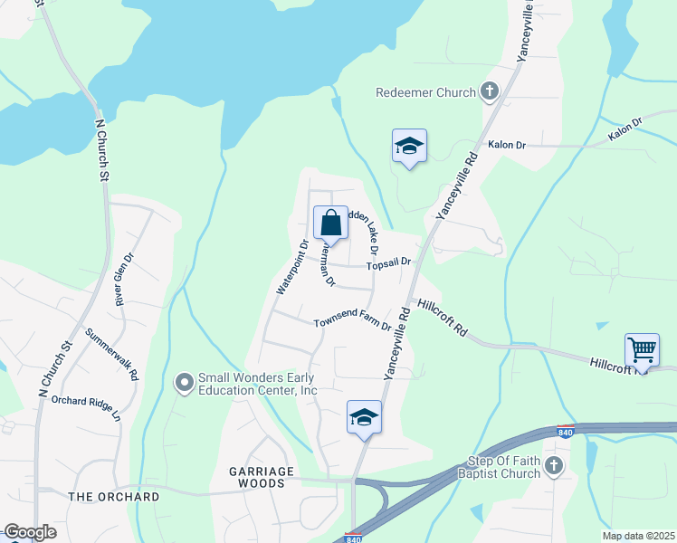 map of restaurants, bars, coffee shops, grocery stores, and more near 802 Topsail Drive in Browns Summit