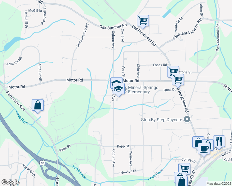 map of restaurants, bars, coffee shops, grocery stores, and more near 4527 Ogburn Avenue in Winston-Salem