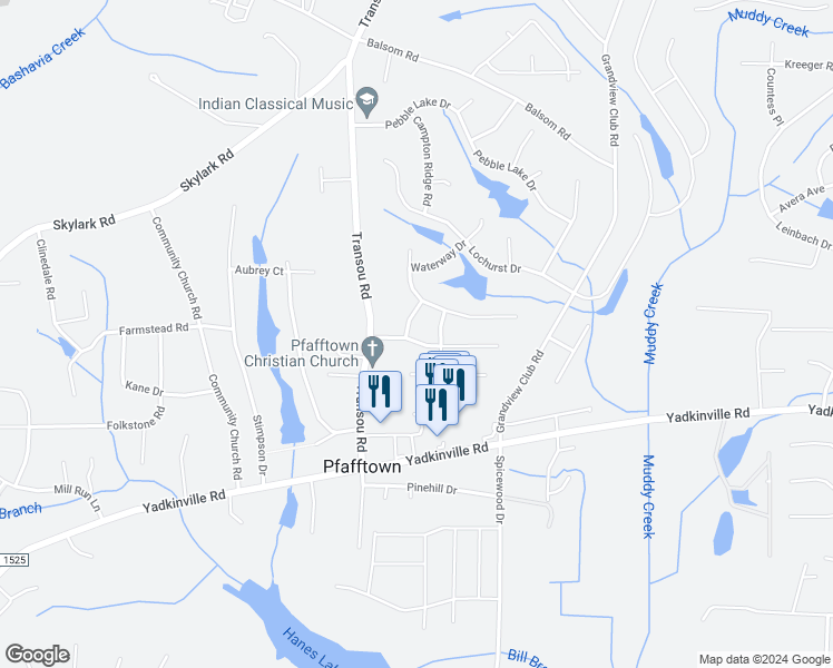 map of restaurants, bars, coffee shops, grocery stores, and more near 4631 Peter Pfaff Drive in Pfafftown