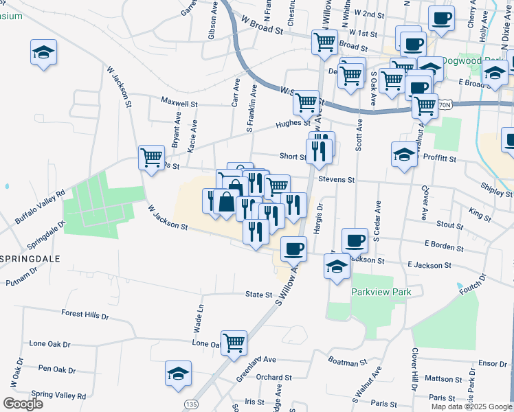 map of restaurants, bars, coffee shops, grocery stores, and more near 377 West Jackson Street in Cookeville
