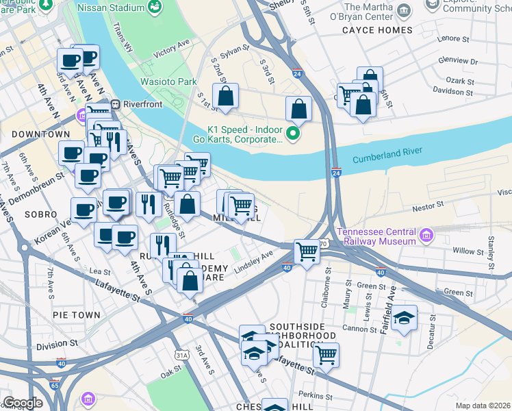 map of restaurants, bars, coffee shops, grocery stores, and more near 4 Academy Place in Nashville