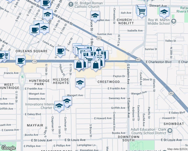 map of restaurants, bars, coffee shops, grocery stores, and more near 1814 East Charleston Boulevard in Las Vegas