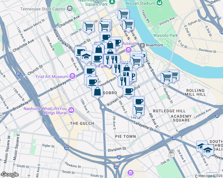 map of restaurants, bars, coffee shops, grocery stores, and more near 201 5th Avenue South in Nashville