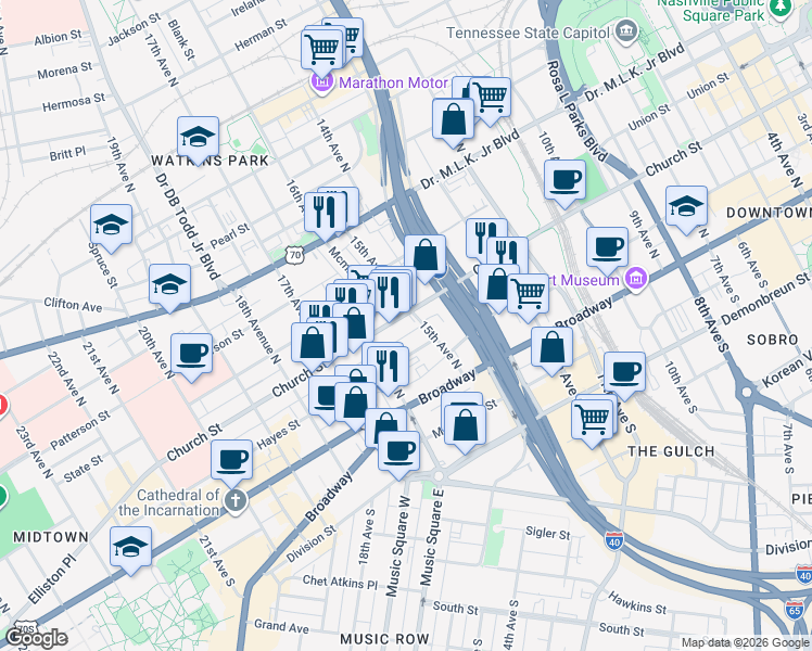 map of restaurants, bars, coffee shops, grocery stores, and more near 1500 Church Street in Nashville