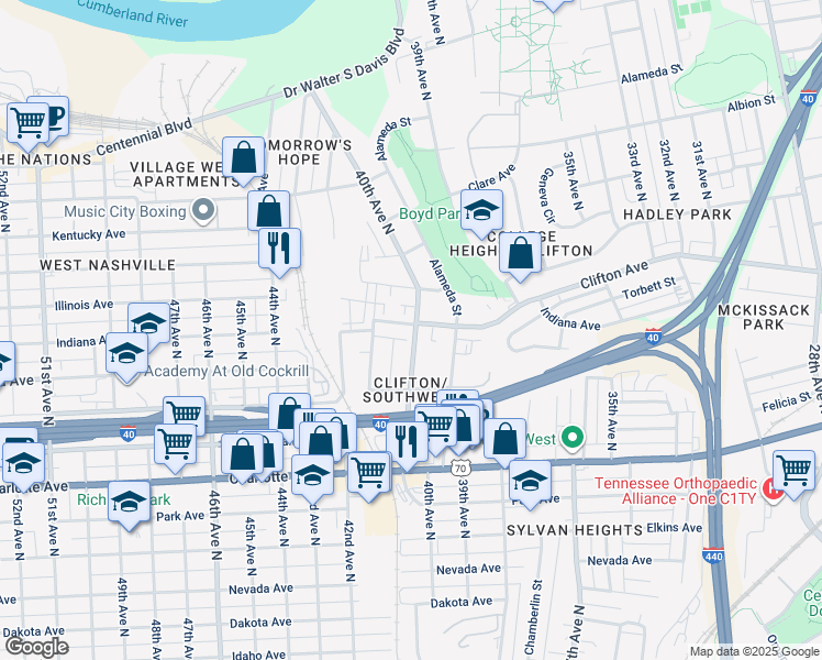 map of restaurants, bars, coffee shops, grocery stores, and more near 4010 Indiana Avenue in Nashville