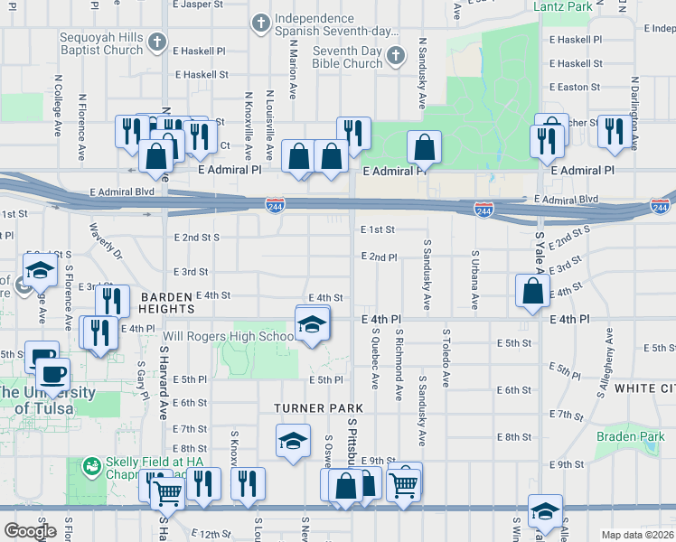 map of restaurants, bars, coffee shops, grocery stores, and more near 3917 East 2nd Place in Tulsa