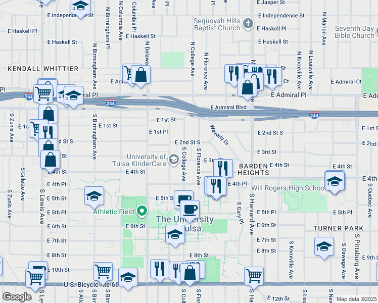 map of restaurants, bars, coffee shops, grocery stores, and more near 201 South College Avenue in Tulsa