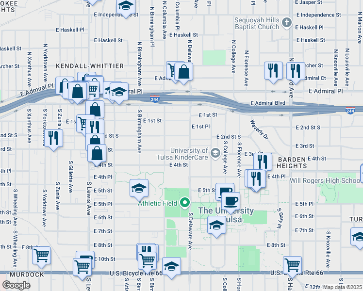 map of restaurants, bars, coffee shops, grocery stores, and more near 2726 East 2nd Street in Tulsa