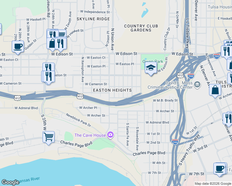 map of restaurants, bars, coffee shops, grocery stores, and more near 231 North Tacoma Avenue in Tulsa