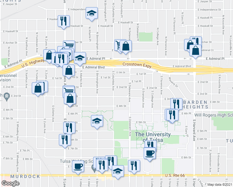 map of restaurants, bars, coffee shops, grocery stores, and more near 2709 East 3rd Street in Tulsa