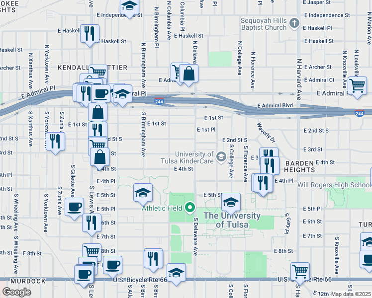 map of restaurants, bars, coffee shops, grocery stores, and more near 2726 East 2nd Street in Tulsa