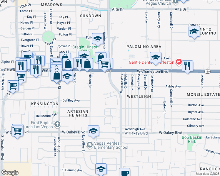 map of restaurants, bars, coffee shops, grocery stores, and more near 1210 South Valley View Boulevard in Las Vegas