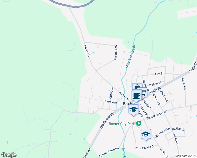 map of restaurants, bars, coffee shops, grocery stores, and more near 390 1st Avenue North in Baxter