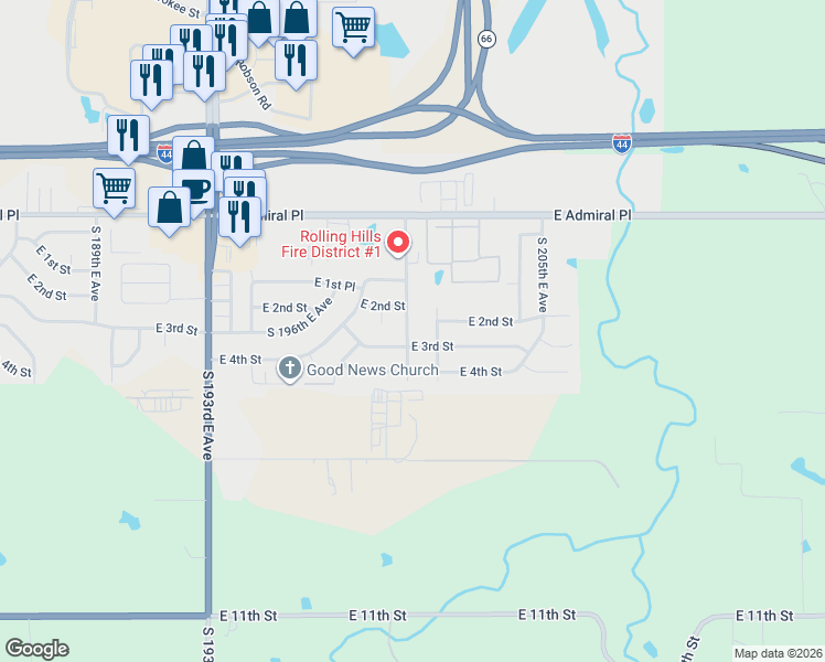 map of restaurants, bars, coffee shops, grocery stores, and more near 204 South 200th East Avenue in Tulsa