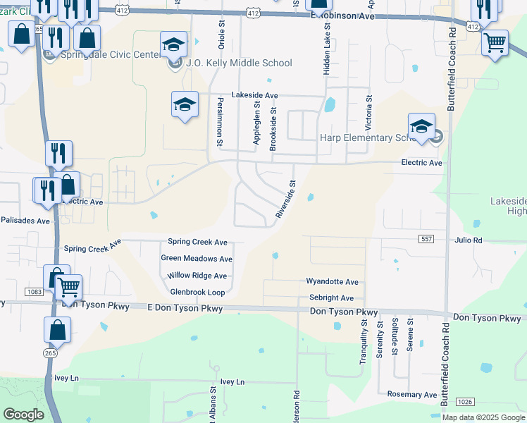 map of restaurants, bars, coffee shops, grocery stores, and more near 3101 Rocky Branch Avenue in Springdale