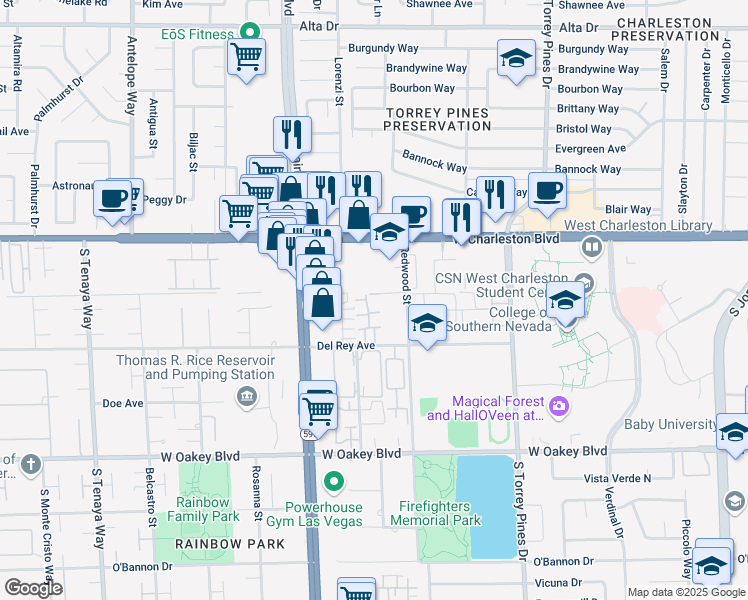 map of restaurants, bars, coffee shops, grocery stores, and more near 6761 Holmby Avenue in Las Vegas