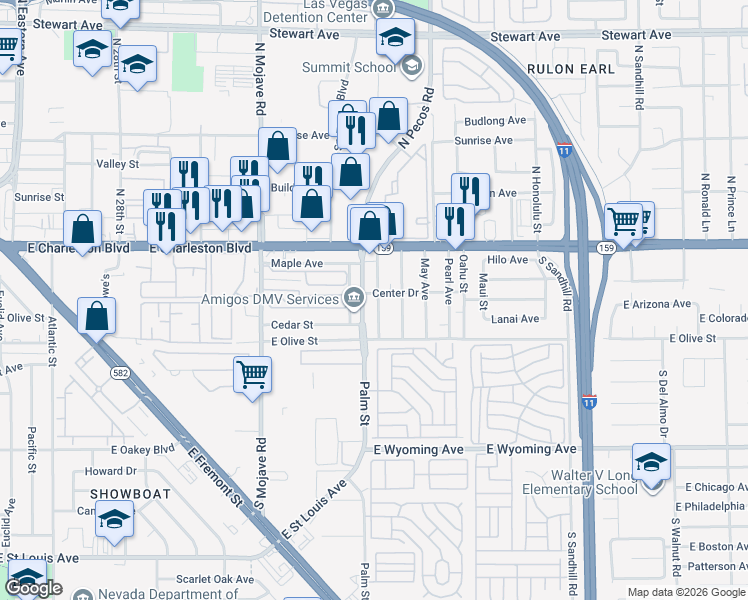 map of restaurants, bars, coffee shops, grocery stores, and more near 1027 Palm Street in Las Vegas