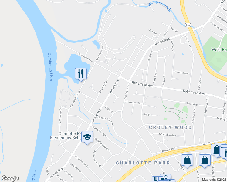 map of restaurants, bars, coffee shops, grocery stores, and more near 536 Foundry Drive in Nashville