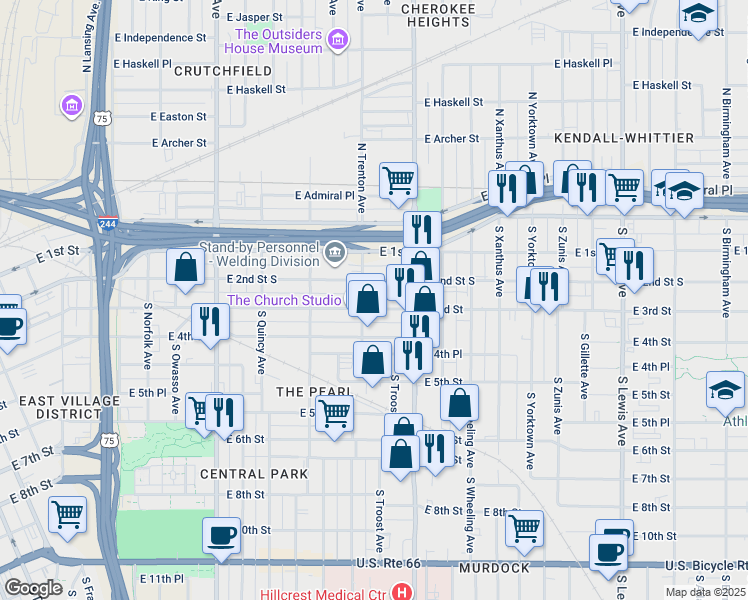map of restaurants, bars, coffee shops, grocery stores, and more near 1620 East 2nd Street in Tulsa