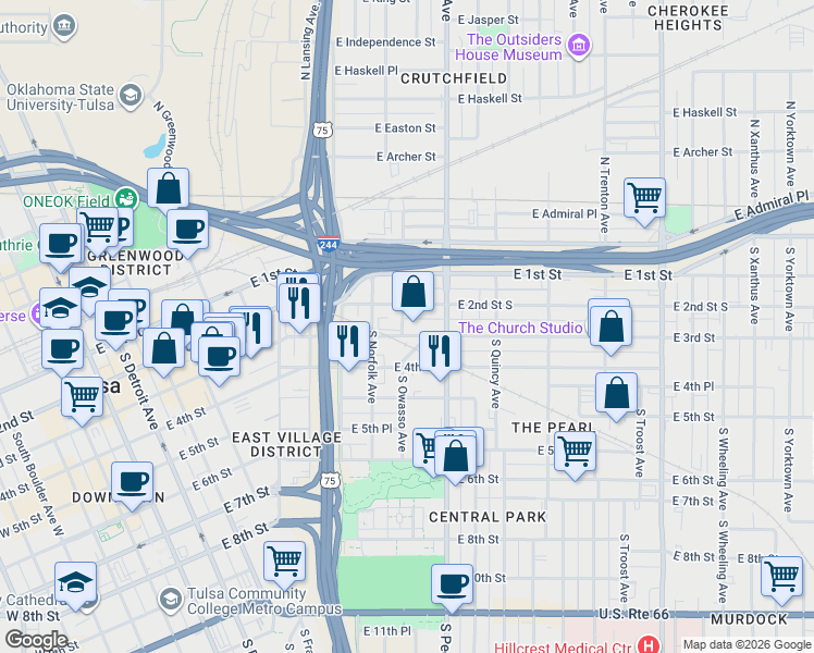map of restaurants, bars, coffee shops, grocery stores, and more near 1120 East 2nd Street in Tulsa