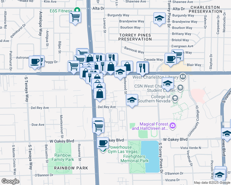 map of restaurants, bars, coffee shops, grocery stores, and more near 6761 Holmby Avenue in Las Vegas