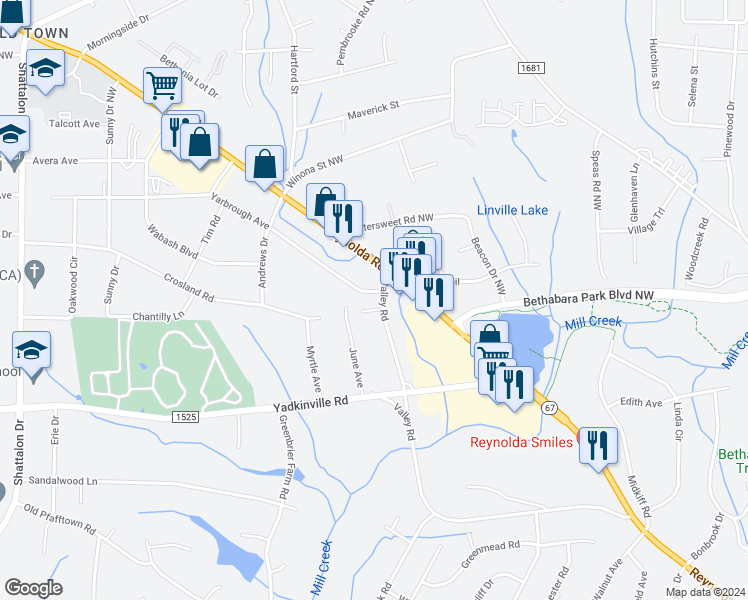 map of restaurants, bars, coffee shops, grocery stores, and more near 3600 Yarbrough Avenue in Winston-Salem