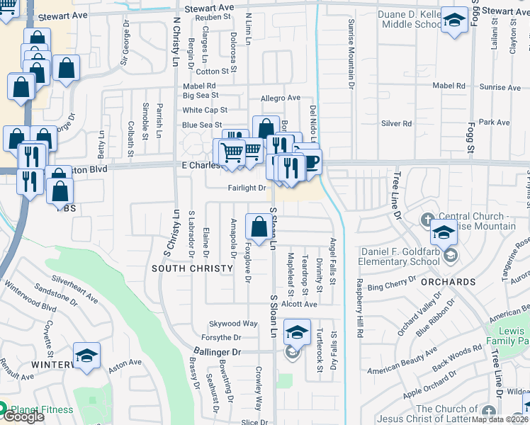 map of restaurants, bars, coffee shops, grocery stores, and more near 5751 Blossom View Avenue in Las Vegas