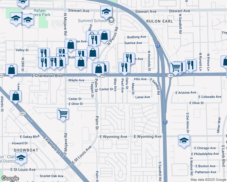 map of restaurants, bars, coffee shops, grocery stores, and more near 1036 May Avenue in Las Vegas