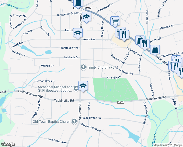 map of restaurants, bars, coffee shops, grocery stores, and more near 4534 Oakwood Circle in Winston-Salem