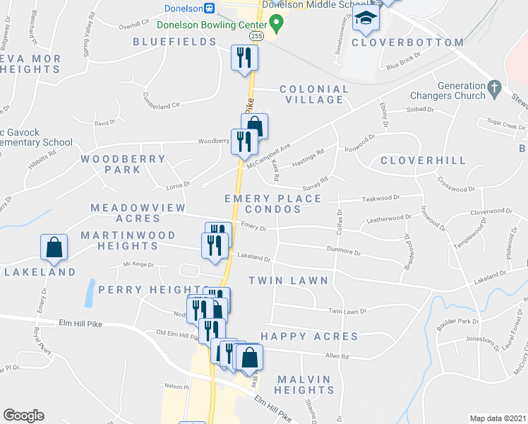 map of restaurants, bars, coffee shops, grocery stores, and more near 742 Kent Road in Nashville