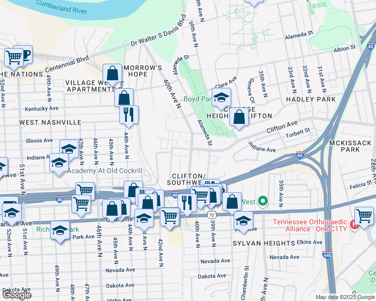 map of restaurants, bars, coffee shops, grocery stores, and more near 4010 Indiana Avenue in Nashville