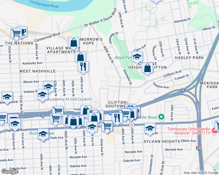map of restaurants, bars, coffee shops, grocery stores, and more near 701 41st Avenue North in Nashville