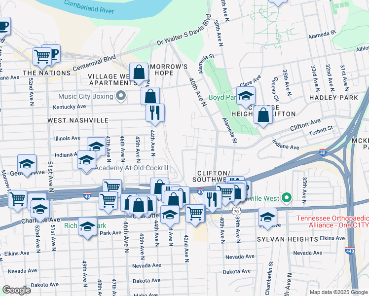 map of restaurants, bars, coffee shops, grocery stores, and more near 701 41st Avenue North in Nashville