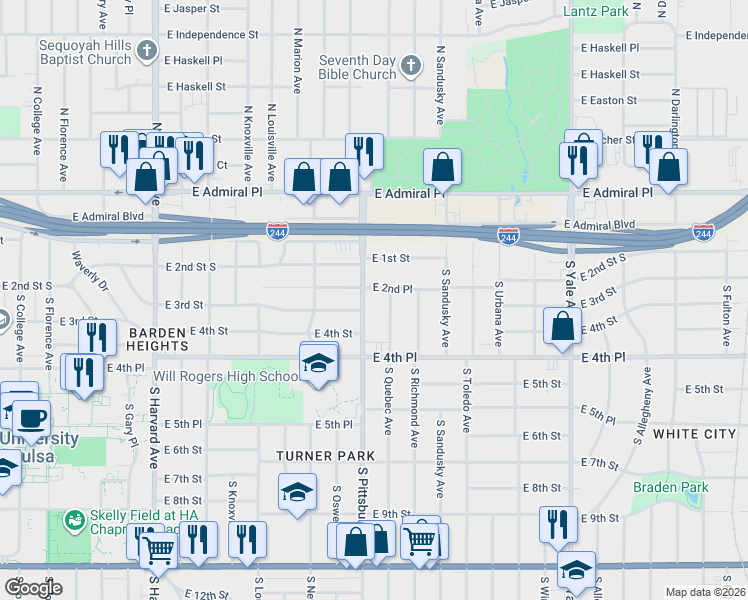 map of restaurants, bars, coffee shops, grocery stores, and more near 227 South Pittsburg Avenue in Tulsa