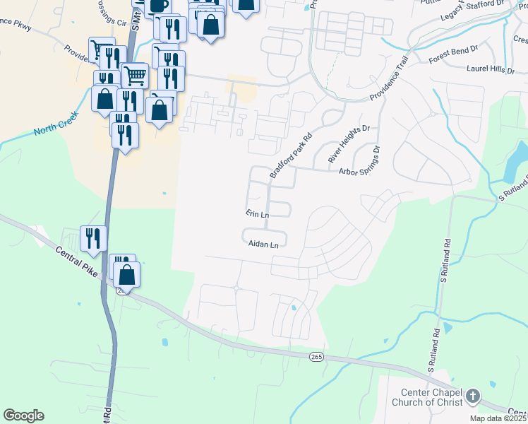 map of restaurants, bars, coffee shops, grocery stores, and more near 21 Bradford Park Road in Mount Juliet
