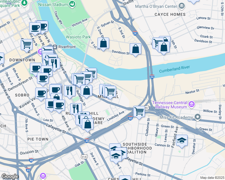 map of restaurants, bars, coffee shops, grocery stores, and more near 500 Rolling Mill Hill Road in Nashville