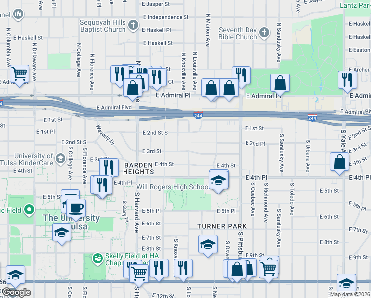 map of restaurants, bars, coffee shops, grocery stores, and more near 3613 East 3rd Street in Tulsa